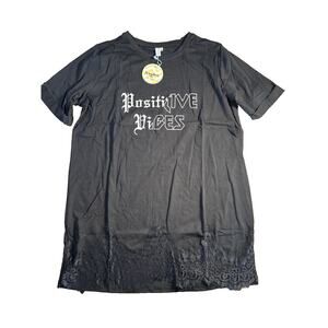 Hayden Short Sleeve Positive Vibes Lace Hem T-shirt Dress in Black Size M